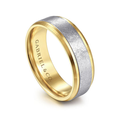 Gabriel & Co. Cole Men's 7mm Brushed Finish Beveled Edge Wedding Ring in 14K White & Yellow Gold front view