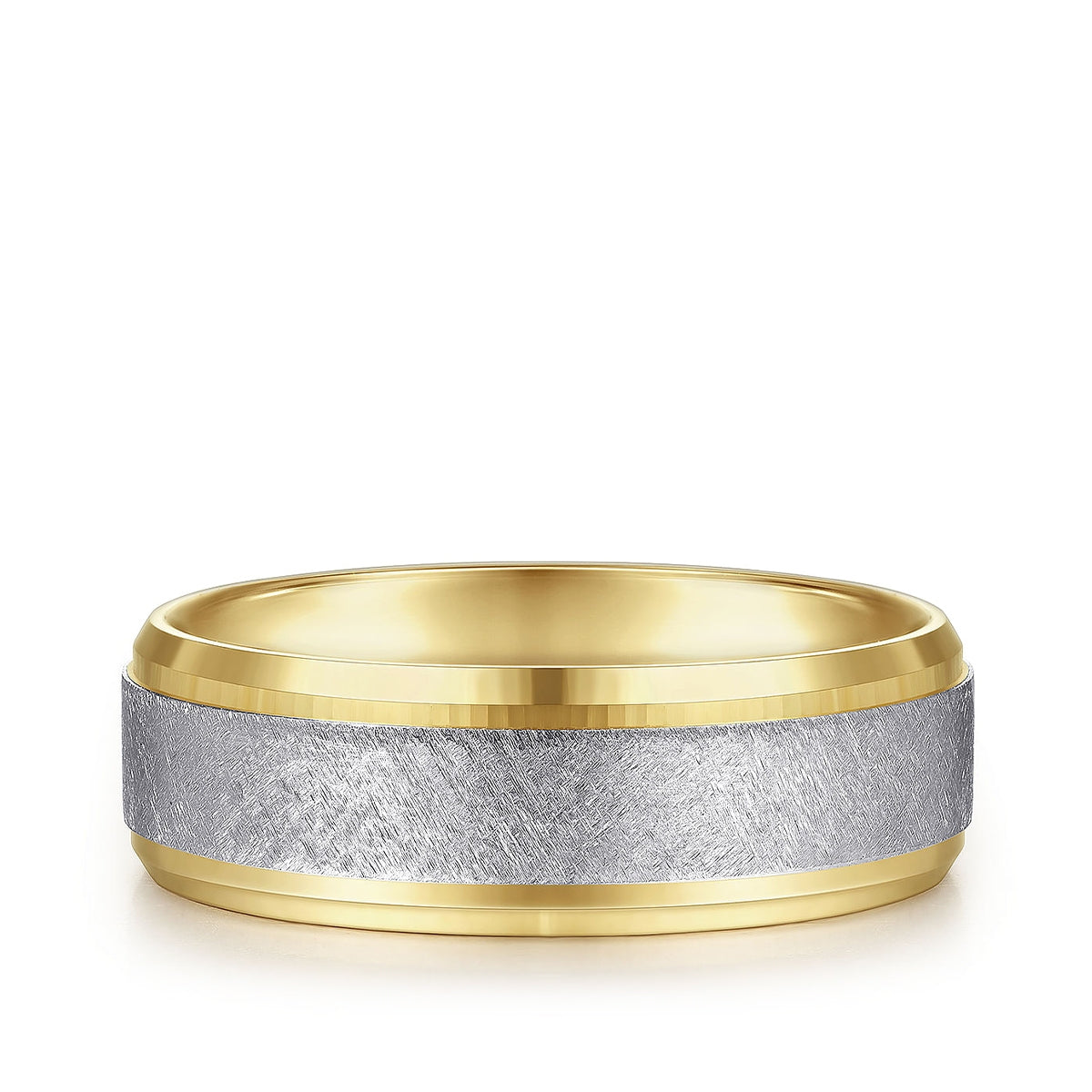 Gabriel & Co. Cole Men's 7mm Brushed Finish Beveled Edge Wedding Ring in 14K White & Yellow Gold