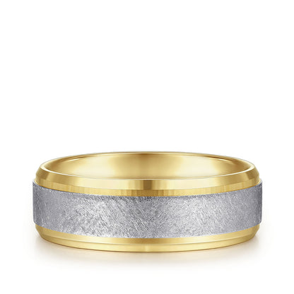 Gabriel & Co. Cole Men's 7mm Brushed Finish Beveled Edge Wedding Ring in 14K White & Yellow Gold