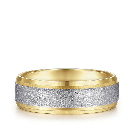 Gabriel & Co. Cole Men's 7mm Brushed Finish Beveled Edge Wedding Ring in 14K White & Yellow Gold