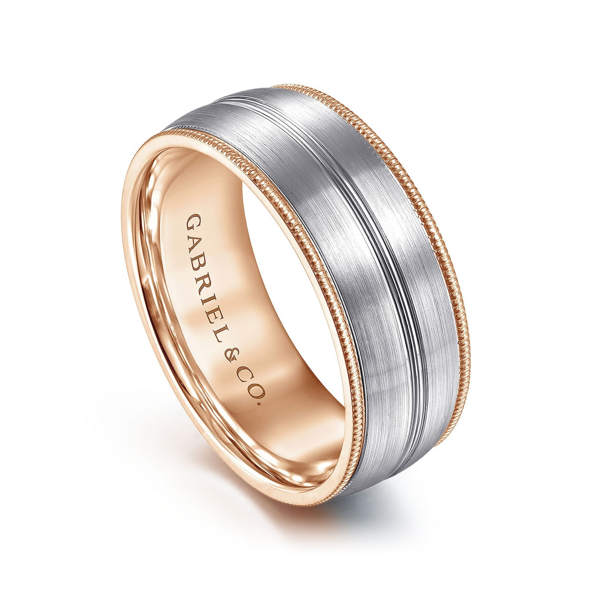 Gabriel & Co. Leonardo Men's 8mm Satin Finish Rope Edge Wedding Ring in 14K White & Pink Gold front view