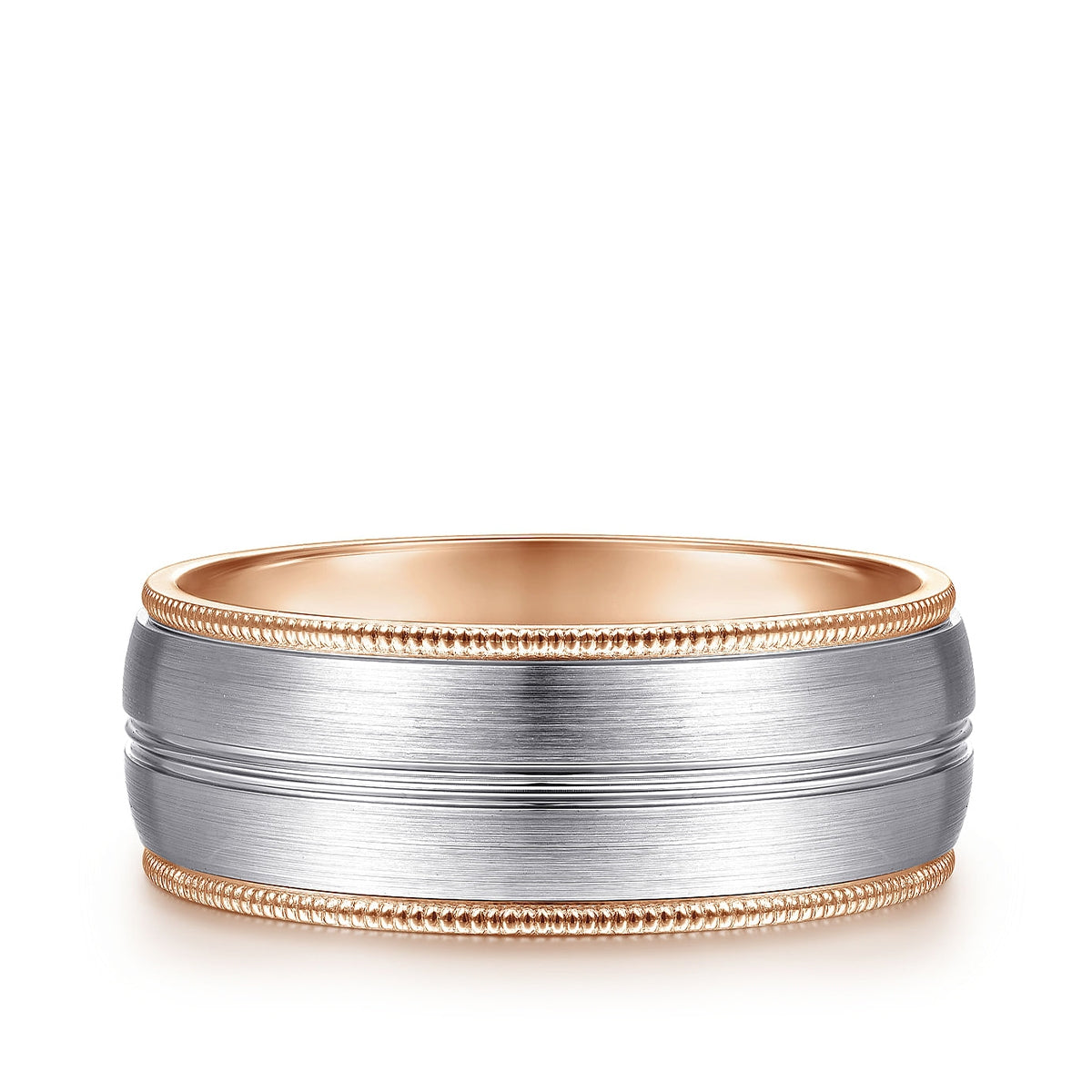 Gabriel & Co. Leonardo Men's 8mm Satin Finish Rope Edge Wedding Ring in 14K White & Pink Gold