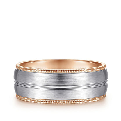 Gabriel & Co. Leonardo Men's 8mm Satin Finish Rope Edge Wedding Ring in 14K White & Pink Gold