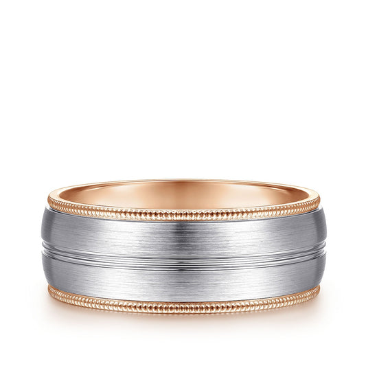 Gabriel & Co. Leonardo Men's 8mm Satin Finish Rope Edge Wedding Ring in 14K White & Pink Gold