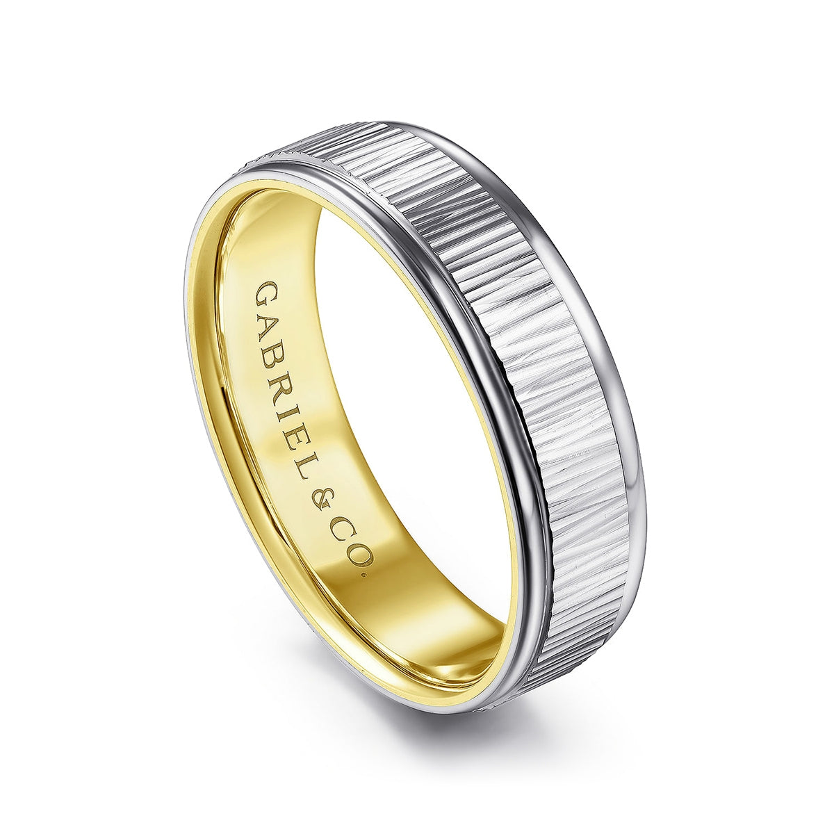 Gabriel & Co. Jace Men's 6mm Etched Finish Polished Edge Wedding Ring in 14K White & Yellow Gold front view