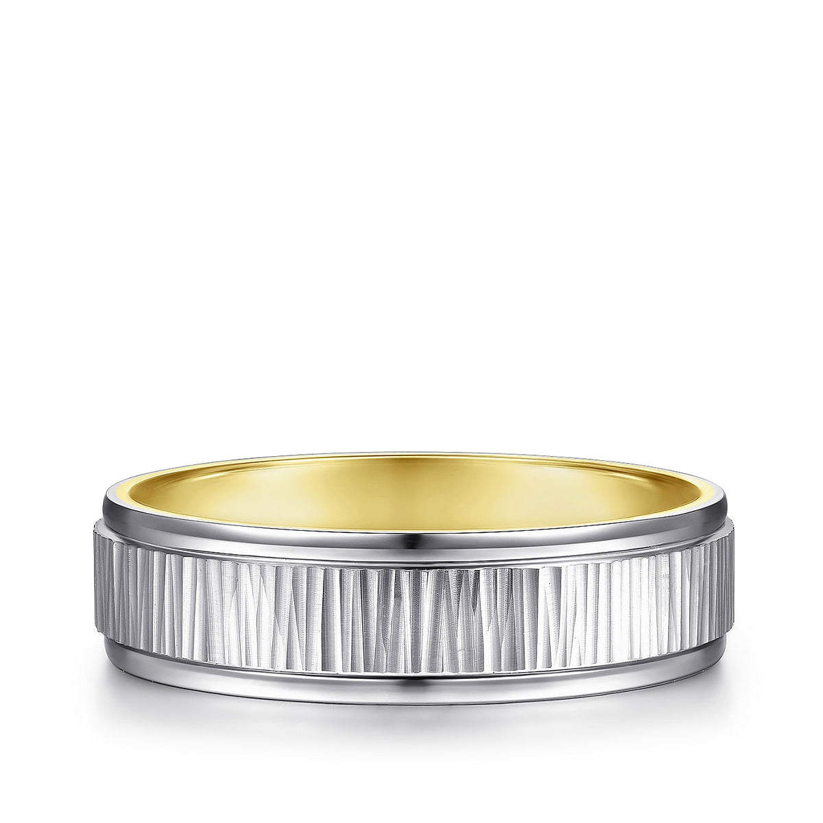 Gabriel & Co. Jace Men's 6mm Etched Finish Polished Edge Wedding Ring in 14K White & Yellow Gold