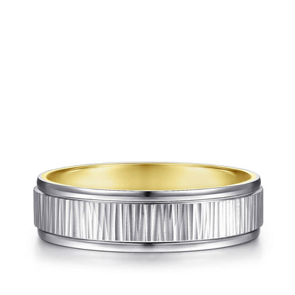 Gabriel & Co. Jace Men's 6mm Etched Finish Polished Edge Wedding Ring in 14K White & Yellow Gold