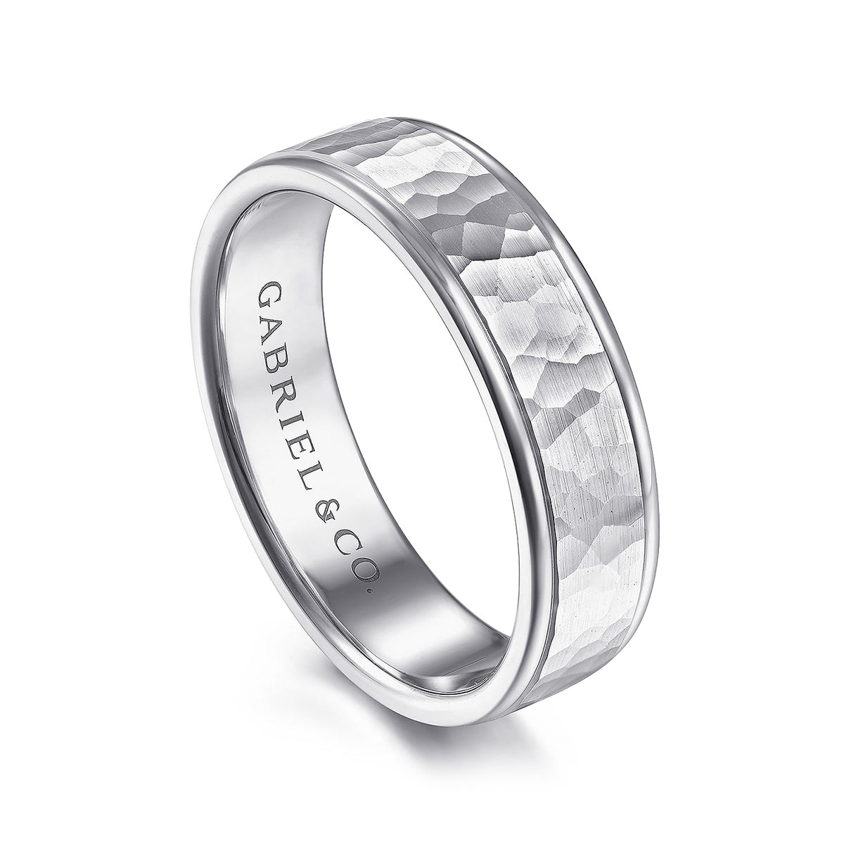 Gabriel & Co. George Men's 6mm Hammered Finish Polished Edge Wedding Ring in 14K White Gold front view