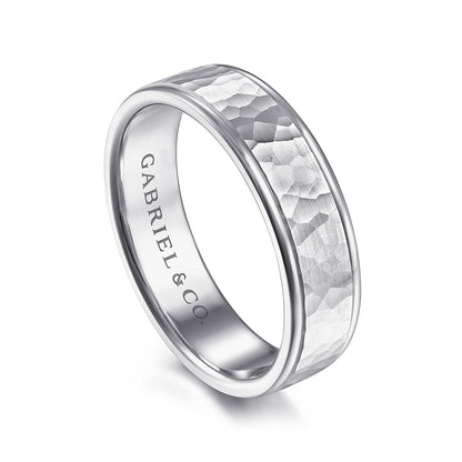 Gabriel & Co. George Men's 6mm Hammered Finish Polished Edge Wedding Ring in 14K White Gold front view
