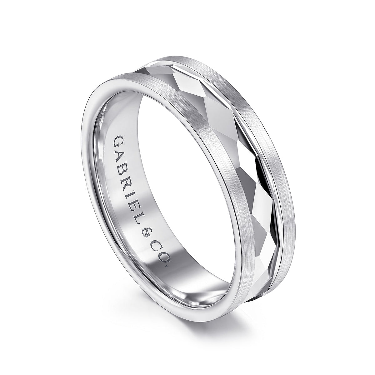 Gabriel & Co. Jack Men's 6mm Satin Finish Carved Wedding Ring in 14K White Gold front view