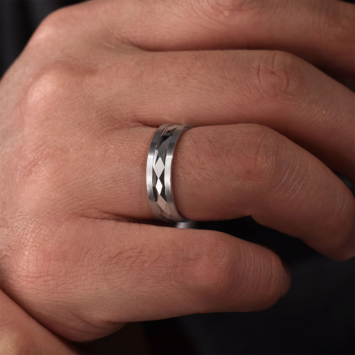 Gabriel & Co. Jack Men's 6mm Satin Finish Carved Wedding Ring in 14K White Gold close-up detail