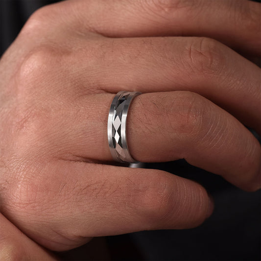 Gabriel & Co. Jack Men's 6mm Satin Finish Carved Wedding Ring in 14K White Gold close-up detail