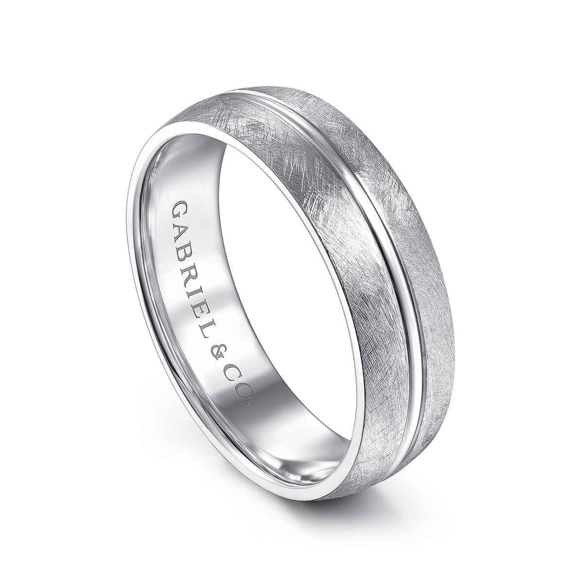 Gabriel & Co. Kayden Men's 6mm Brushed Finish & Polished Center Line Wedding Ring in 14K White Gold front view