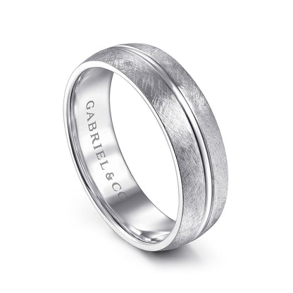 Gabriel & Co. Kayden Men's 6mm Brushed Finish & Polished Center Line Wedding Ring in 14K White Gold front view