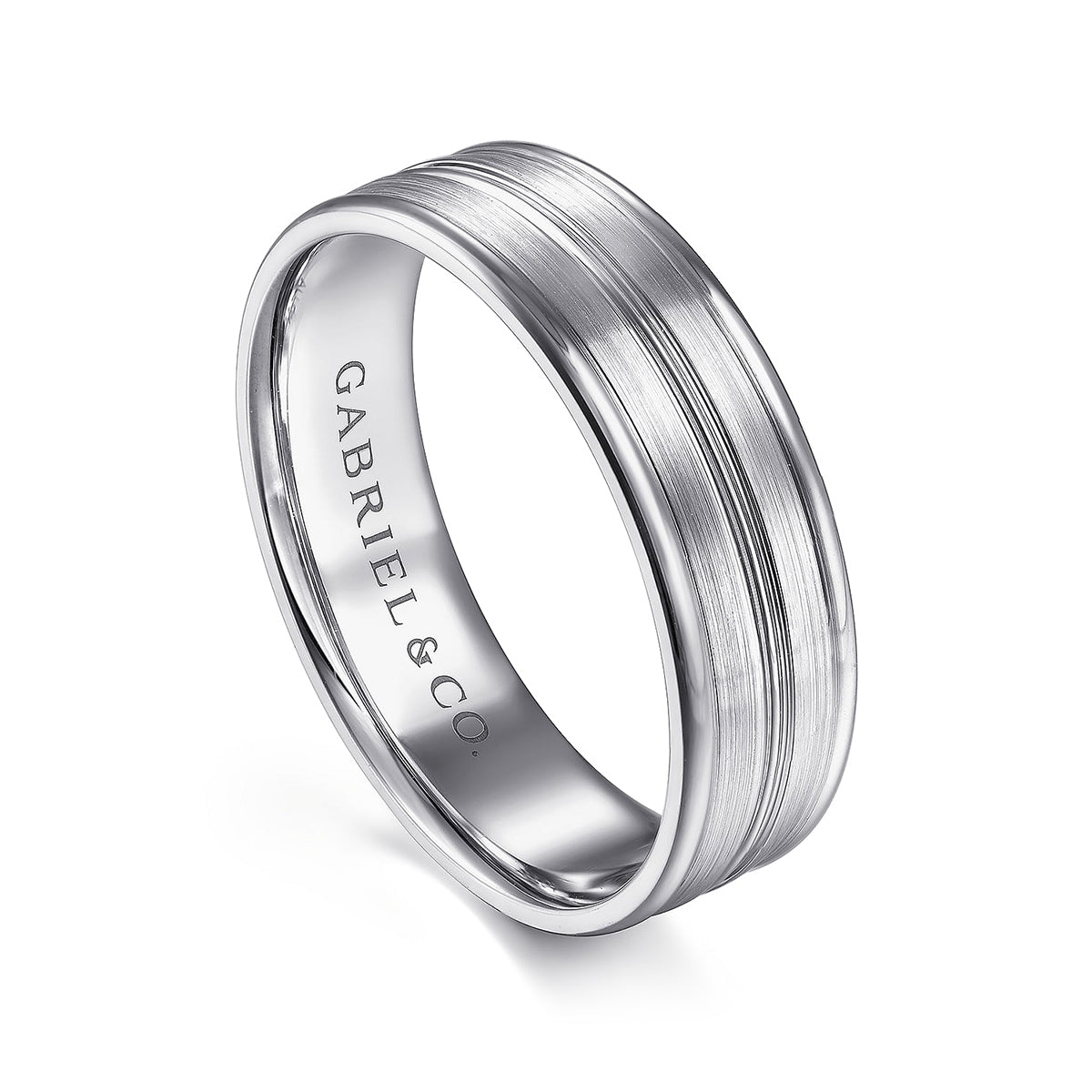 Gabriel & Co. Weston Men's 6mm Satin Finish Raised Edge Wedding Ring in 14K White Gold front view