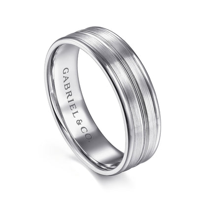 Gabriel & Co. Weston Men's 6mm Satin Finish Raised Edge Wedding Ring in 14K White Gold front view