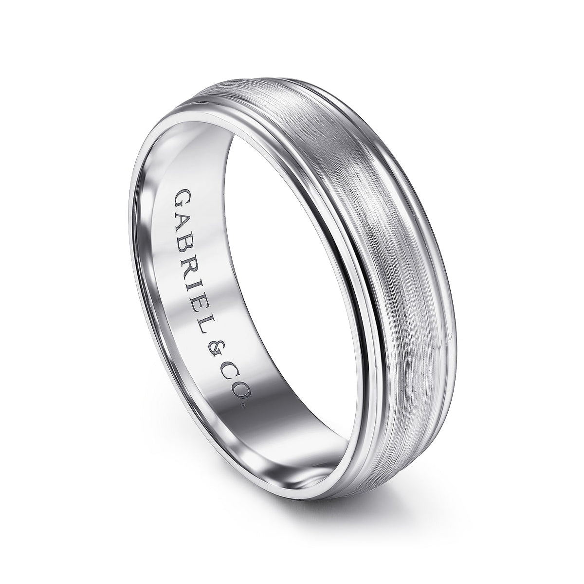 Gabriel & Co. Declan Men's 6mm Satin Finish Raised Center Wedding Ring in 14K White Gold front view