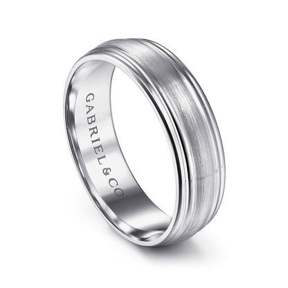 Gabriel & Co. Declan Men's 6mm Satin Finish Raised Center Wedding Ring in 14K White Gold front view