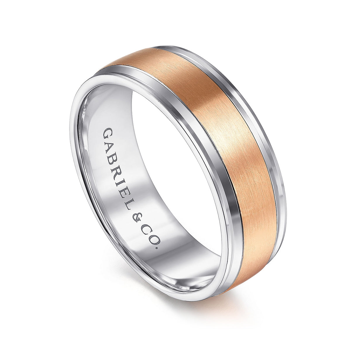 Gabriel & Co. Gabriel Men's 7mm Satin Finish Polished Edge Wedding Ring in 14K Pink & White front view