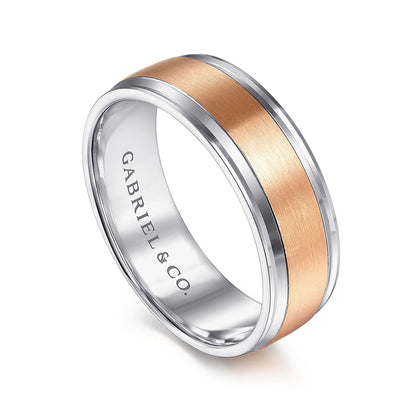Gabriel & Co. Gabriel Men's 7mm Satin Finish Polished Edge Wedding Ring in 14K Pink & White front view