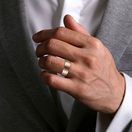 Gabriel & Co. Gabriel Men's 7mm Satin Finish Polished Edge Wedding Ring in 14K Pink & White close-up detail