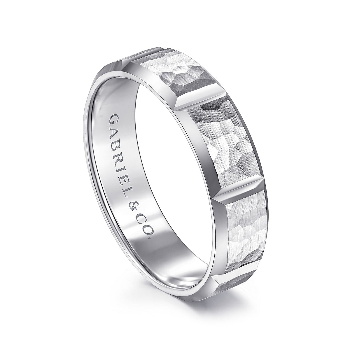 Gabriel & Co. Zachary Men's 6mm Hammered Finish Station Wedding Ring in 14K White Gold front view