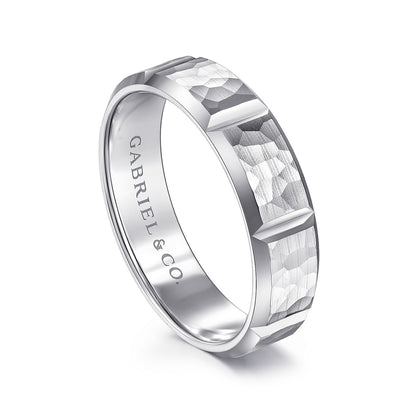 Gabriel & Co. Zachary Men's 6mm Hammered Finish Station Wedding Ring in 14K White Gold front view