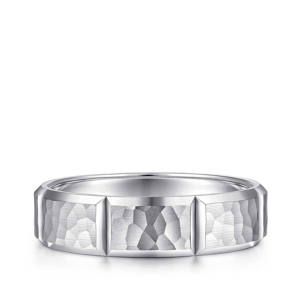 Gabriel & Co. Zachary Men's 6mm Hammered Finish Station Wedding Ring in 14K White Gold