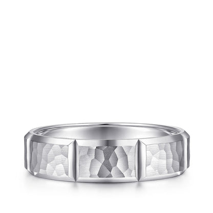 Gabriel & Co. Zachary Men's 6mm Hammered Finish Station Wedding Ring in 14K White Gold