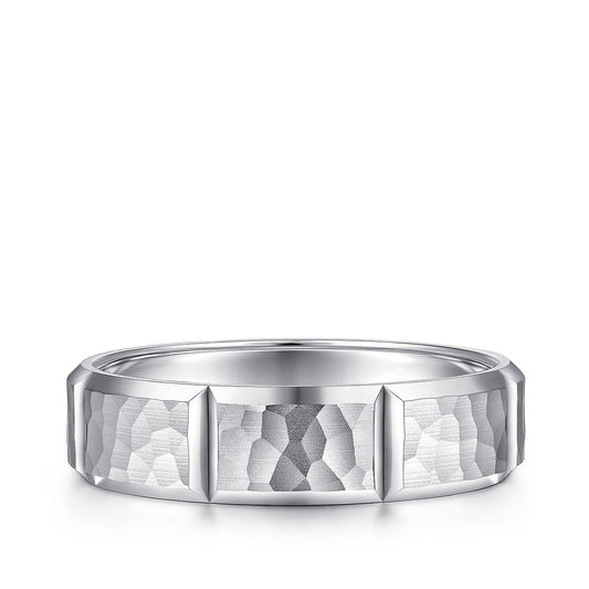 Gabriel & Co. Zachary Men's 6mm Hammered Finish Station Wedding Ring in 14K White Gold
