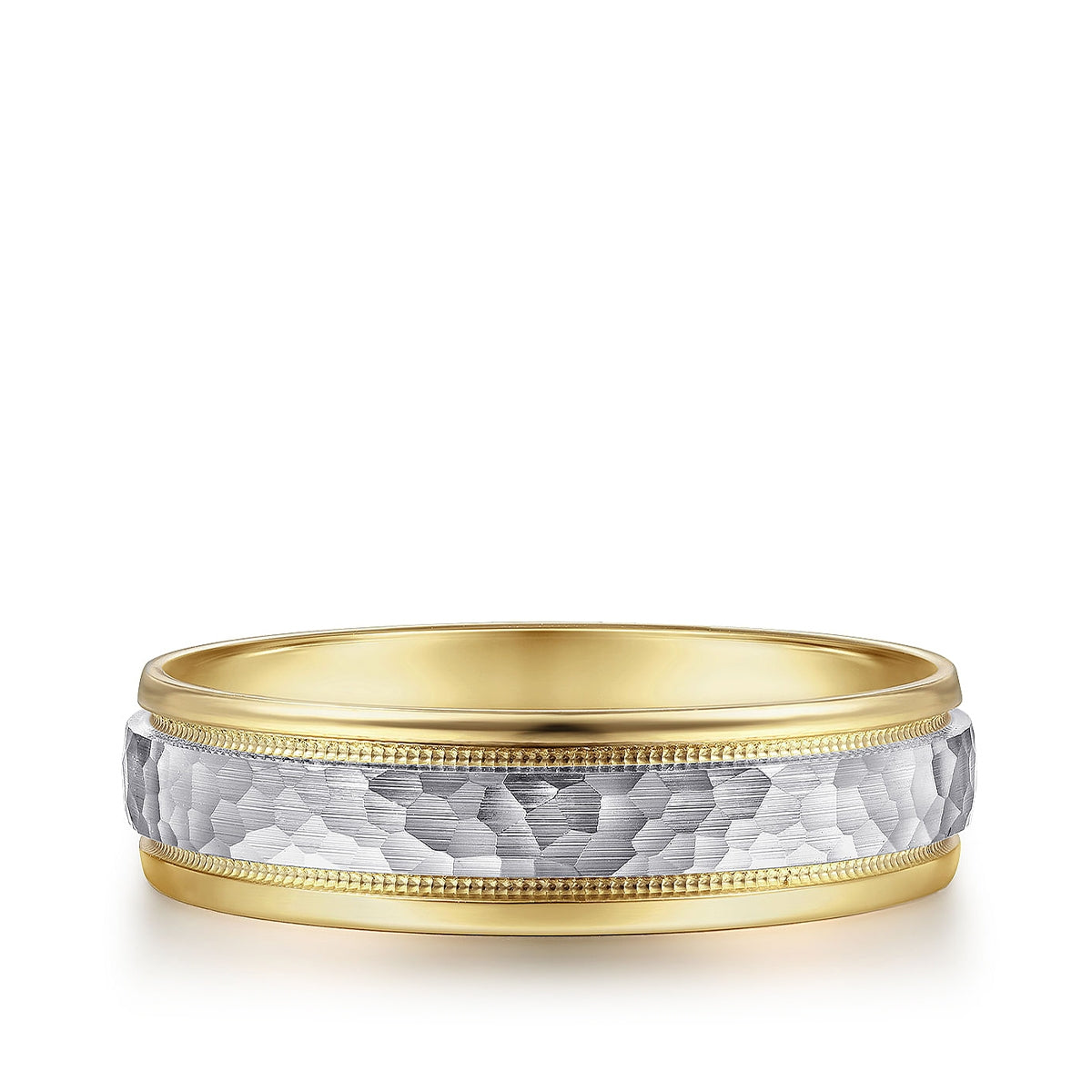 Gabriel & Co. Archie Men's 6mm Hammered Finish Polished Edge Wedding Ring in 14K White & Yellow Gold