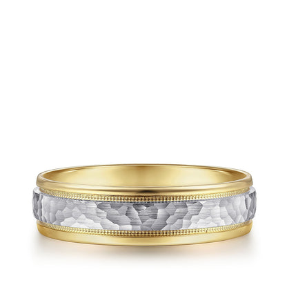 Gabriel & Co. Archie Men's 6mm Hammered Finish Polished Edge Wedding Ring in 14K White & Yellow Gold