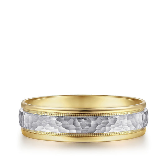 Gabriel & Co. Archie Men's 6mm Hammered Finish Polished Edge Wedding Ring in 14K White & Yellow Gold