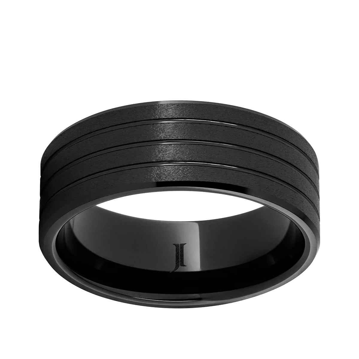 Men's 8mm Black Ceramic Bevel Edged Band with 3 Grooves and Stone Finish
