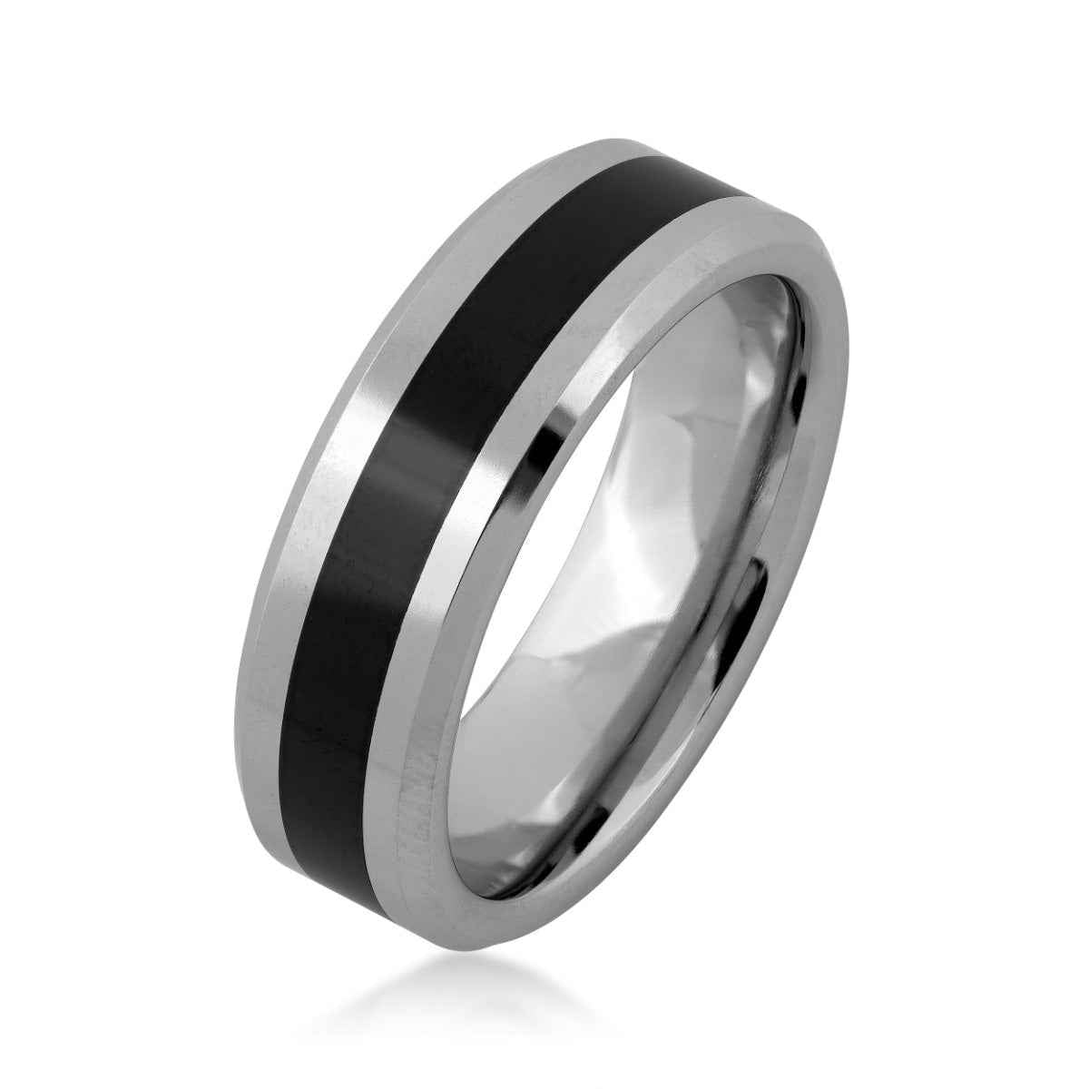Benchmark 7mm Cobalt Ring with Beveled Edge & Black Ceramic Center Stripe front view