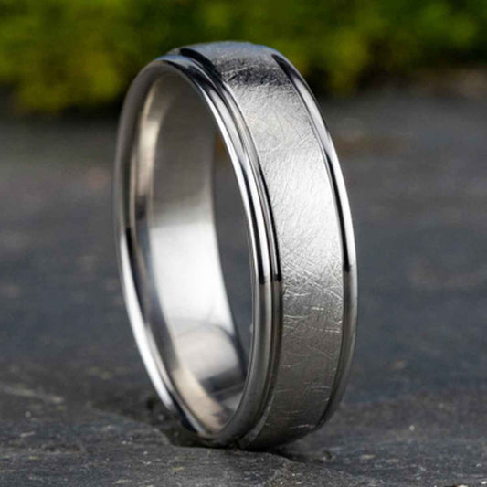 Benchmark 6.5mm Cobalt Wedding Band with Round Edge and Swirl Finish side profile