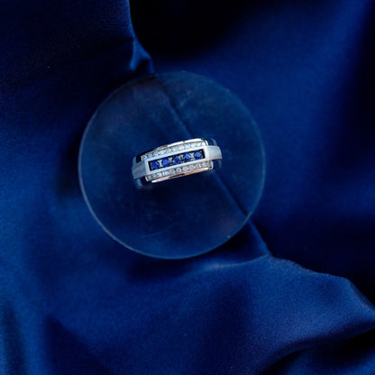 Channel Set Genuine Sapphire & 1/4 ct. tw. Diamond Ring with Wire-Brushed Center Accent in 10K White Gold side profile