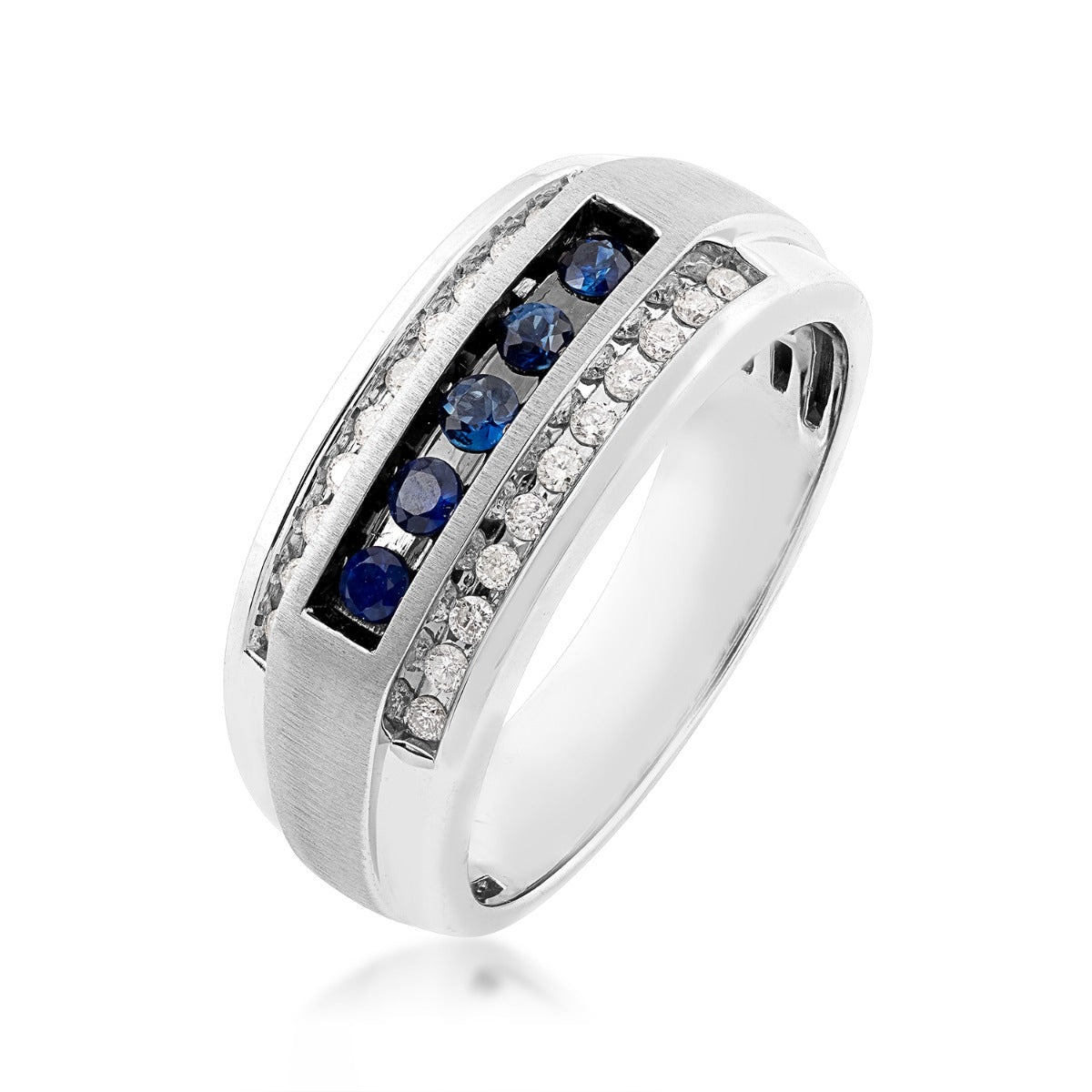 Channel Set Genuine Sapphire & 1/4 ct. tw. Diamond Ring with Wire-Brushed Center Accent in 10K White Gold close-up detail