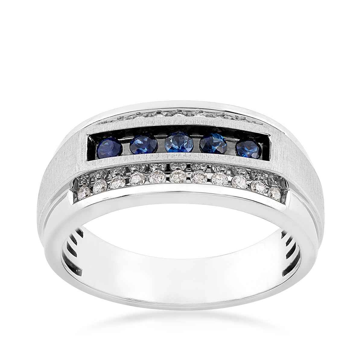 Channel Set Genuine Sapphire & 1/4 ct. tw. Diamond Ring with Wire-Brushed Center Accent in 10K White Gold