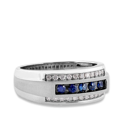 Channel Set Genuine Sapphire & 1/4 ct. tw. Diamond Ring with Wire-Brushed Center Accent in 10K White Gold front view