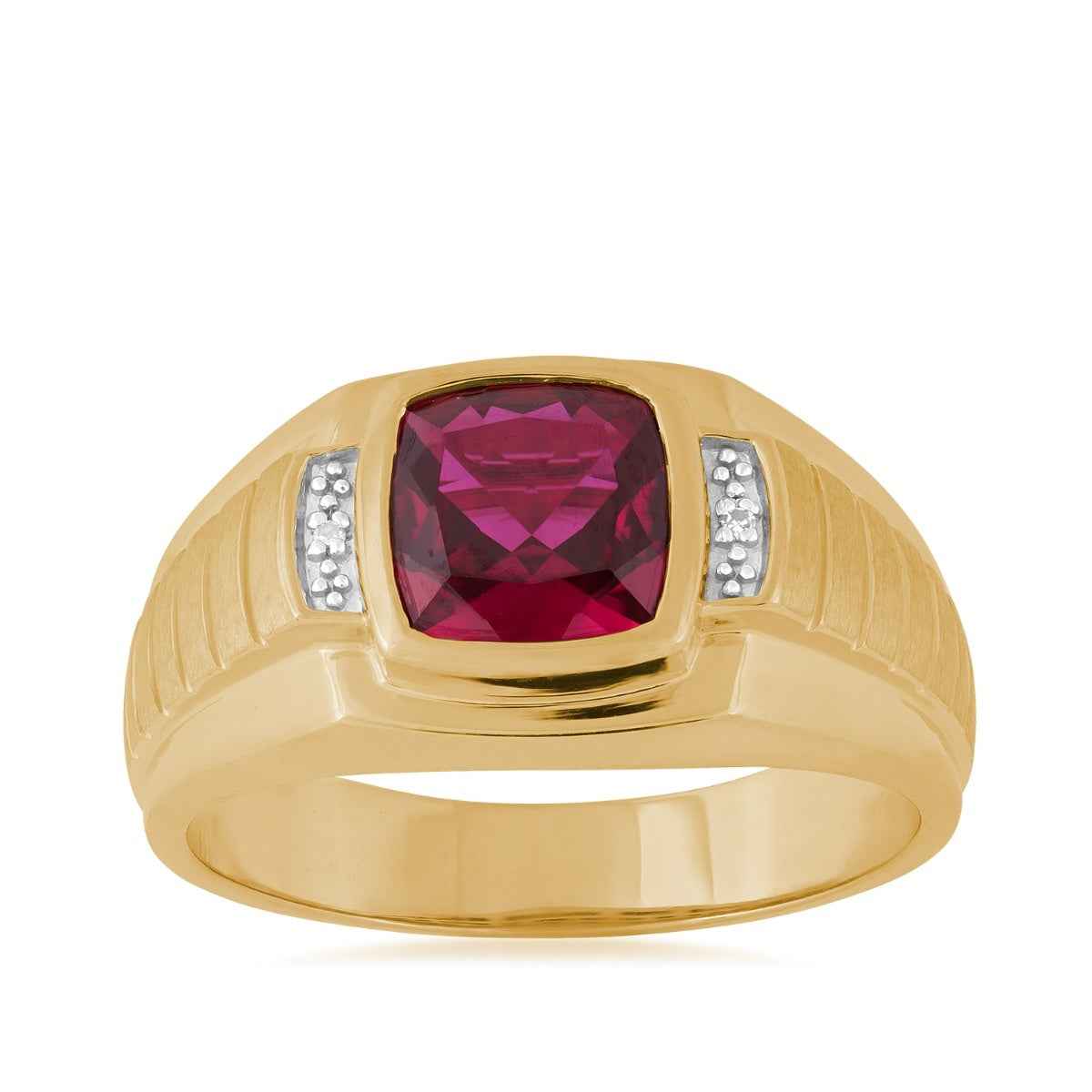 Men's Created Cushion Ruby & Diamond Accent Ring in 10K Yellow Gold