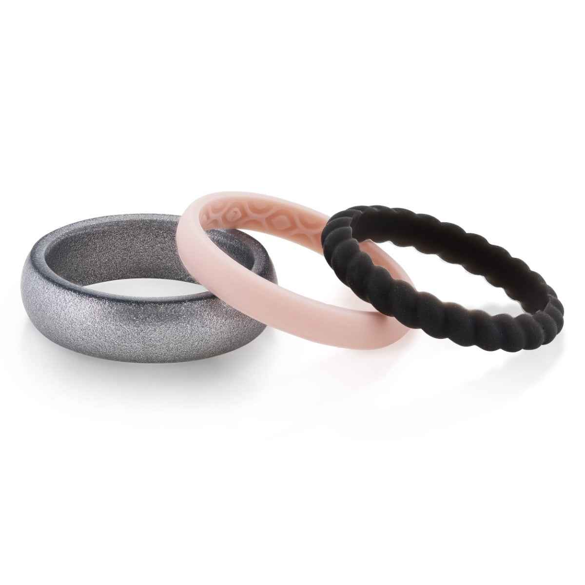 Set of 3 Silicone Ladies' Wedding Bands in Silver, Pink, and Charcoal Gray Colors