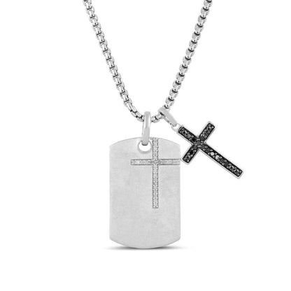 1/5 ct. tw. White & Treated Black Diamond Dog Tag with Cross Pendant in Sterling Silver
