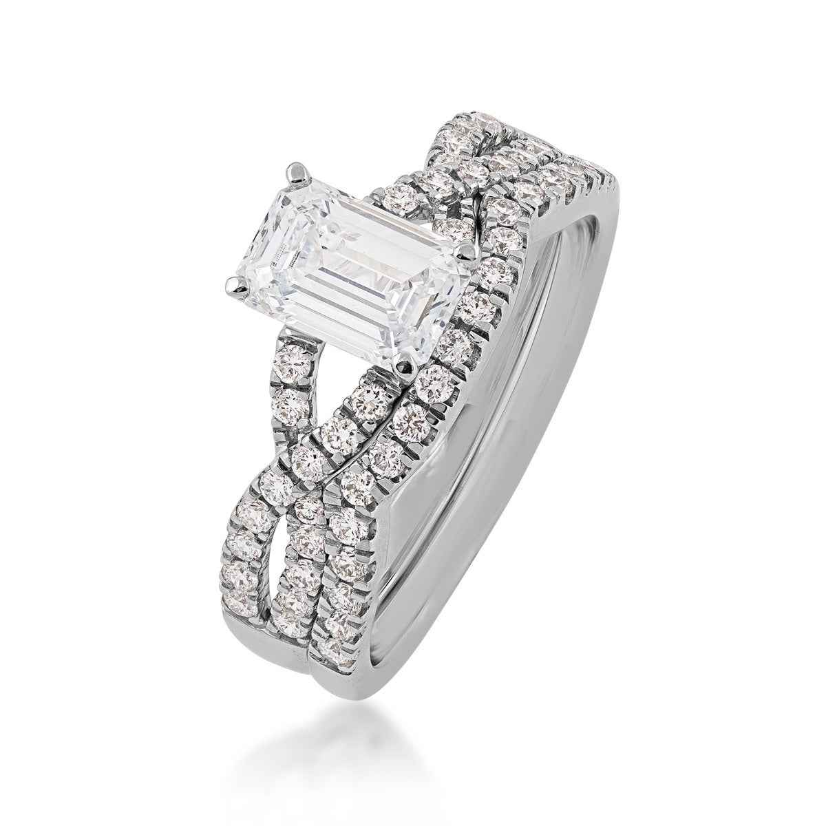 Adamante 1-1/2 ct. tw. Lab-Grown Emerald Cut Diamond Twist Band Wedding Set in 14K White Gold front view