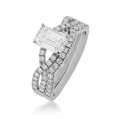 Adamante 1-1/2 ct. tw. Lab-Grown Emerald Cut Diamond Twist Band Wedding Set in 14K White Gold front view