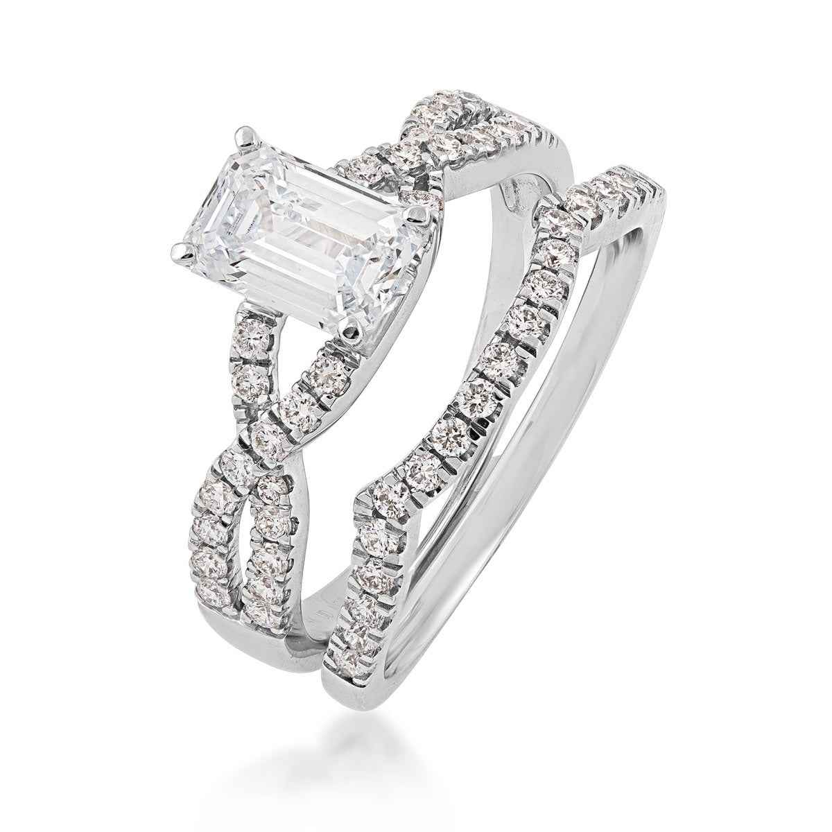 Adamante 1-1/2 ct. tw. Lab-Grown Emerald Cut Diamond Twist Band Wedding Set in 14K White Gold close-up detail