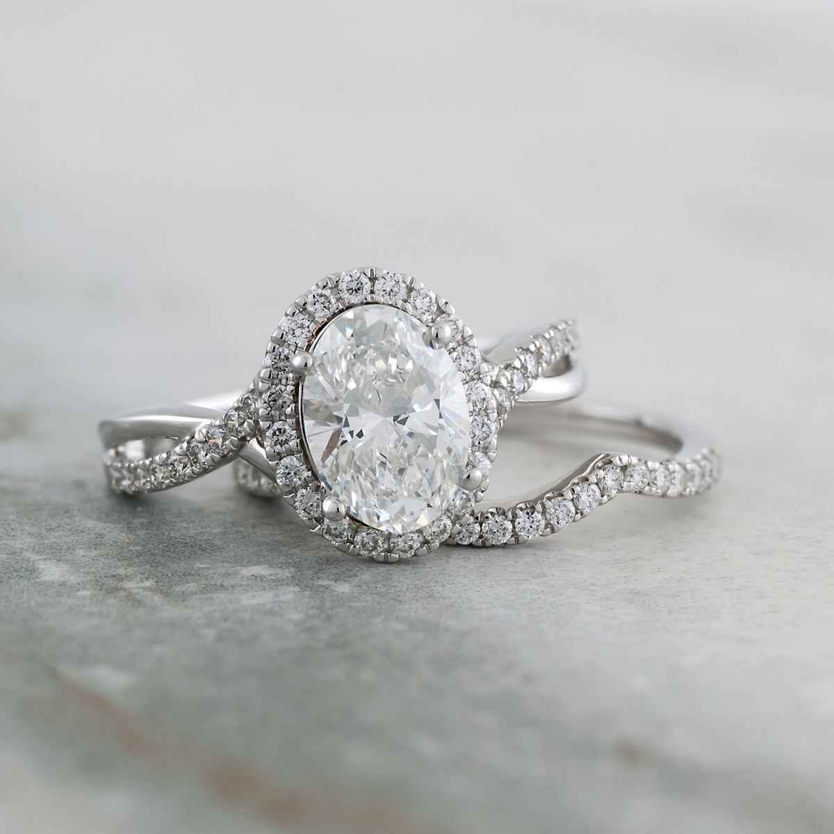 Adamante 2 ct. tw. Lab-Grown Oval Diamond Halo Twist Wedding Set 14K White Gold full view