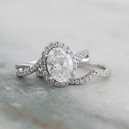 Adamante 2 ct. tw. Lab-Grown Oval Diamond Halo Twist Wedding Set 14K White Gold full view