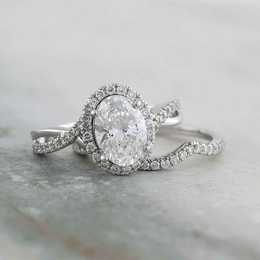 Adamante 2 ct. tw. Lab-Grown Oval Diamond Halo Twist Wedding Set 14K White Gold full view