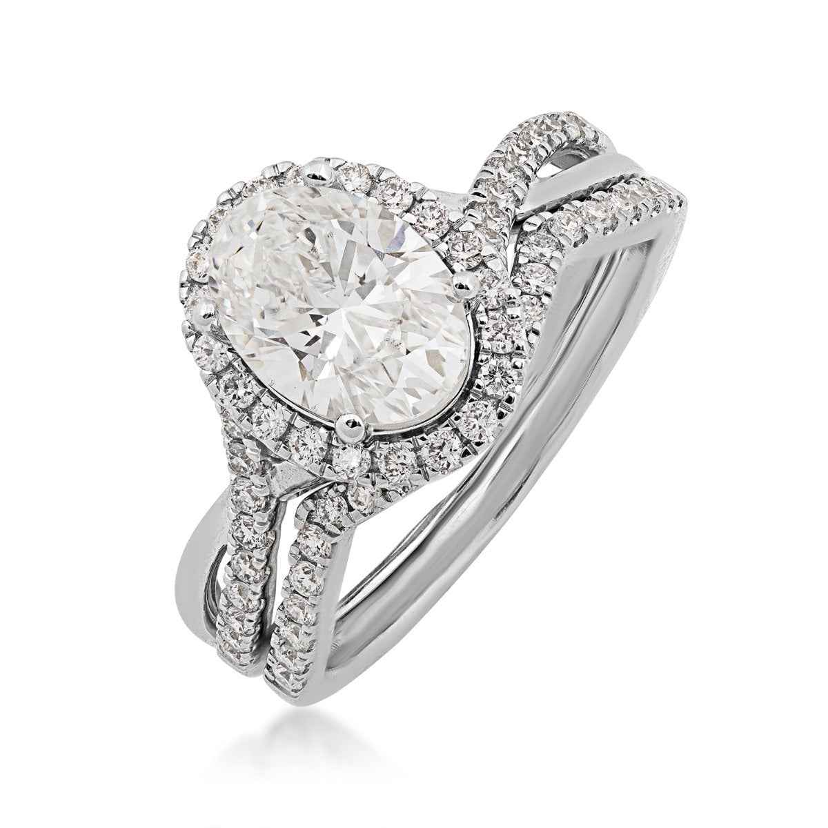 Adamante 2 ct. tw. Lab-Grown Oval Diamond Halo Twist Wedding Set 14K White Gold front view